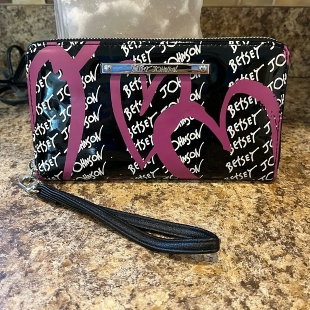 Betsey Johnson Black and Pink Wristlet with Heart Design